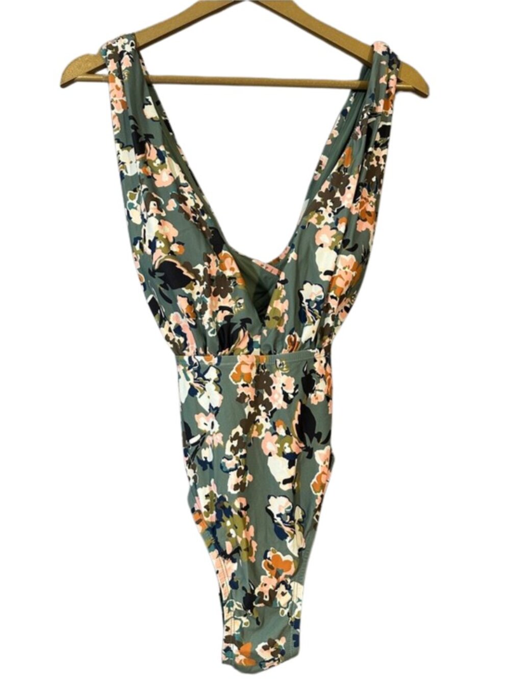 Sea Angel Floral One Piece Swimsuit Size Large Olive Green Plunge Back